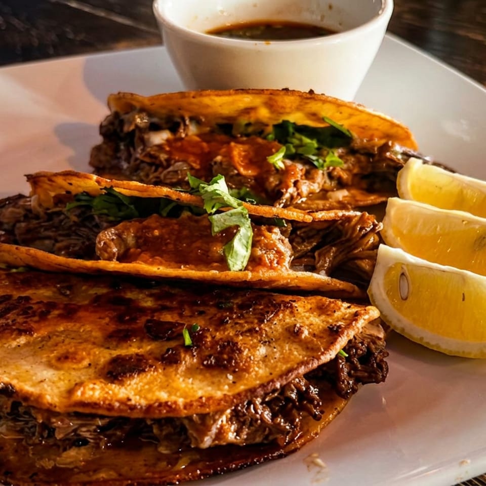 Three crispy birria tacos filled with shredded meat, topped with cilantro, served with lemon wedges and dipping consommé.