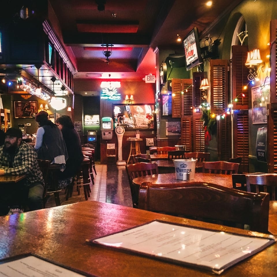 Lively dimly lit bar and restaurant interior with patrons, wooden tables, colorful string lights, menus, and drinks.