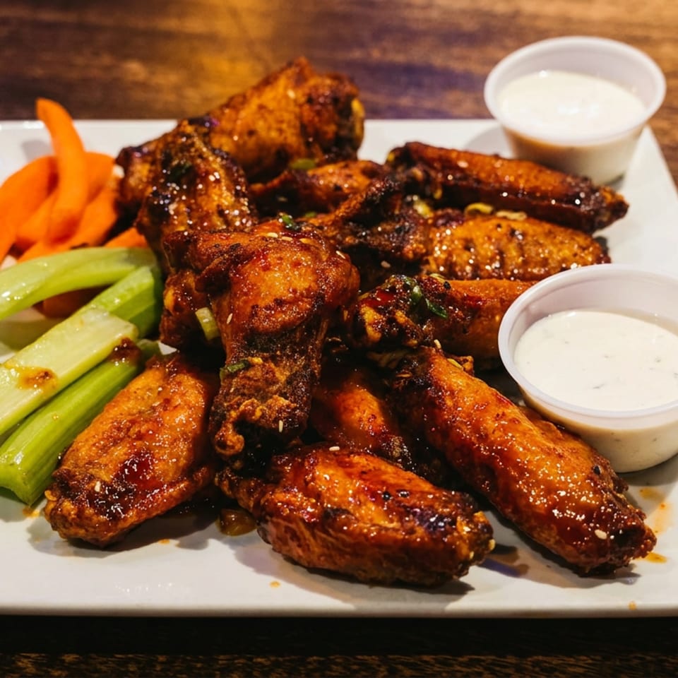 Glazed chicken wings served with celery, carrots, and two cups of creamy dipping sauce on a white plate.