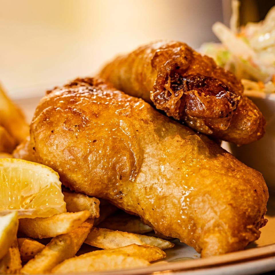 Golden battered fish served with fries, lemon wedges, tartar sauce, and coleslaw on a plate.