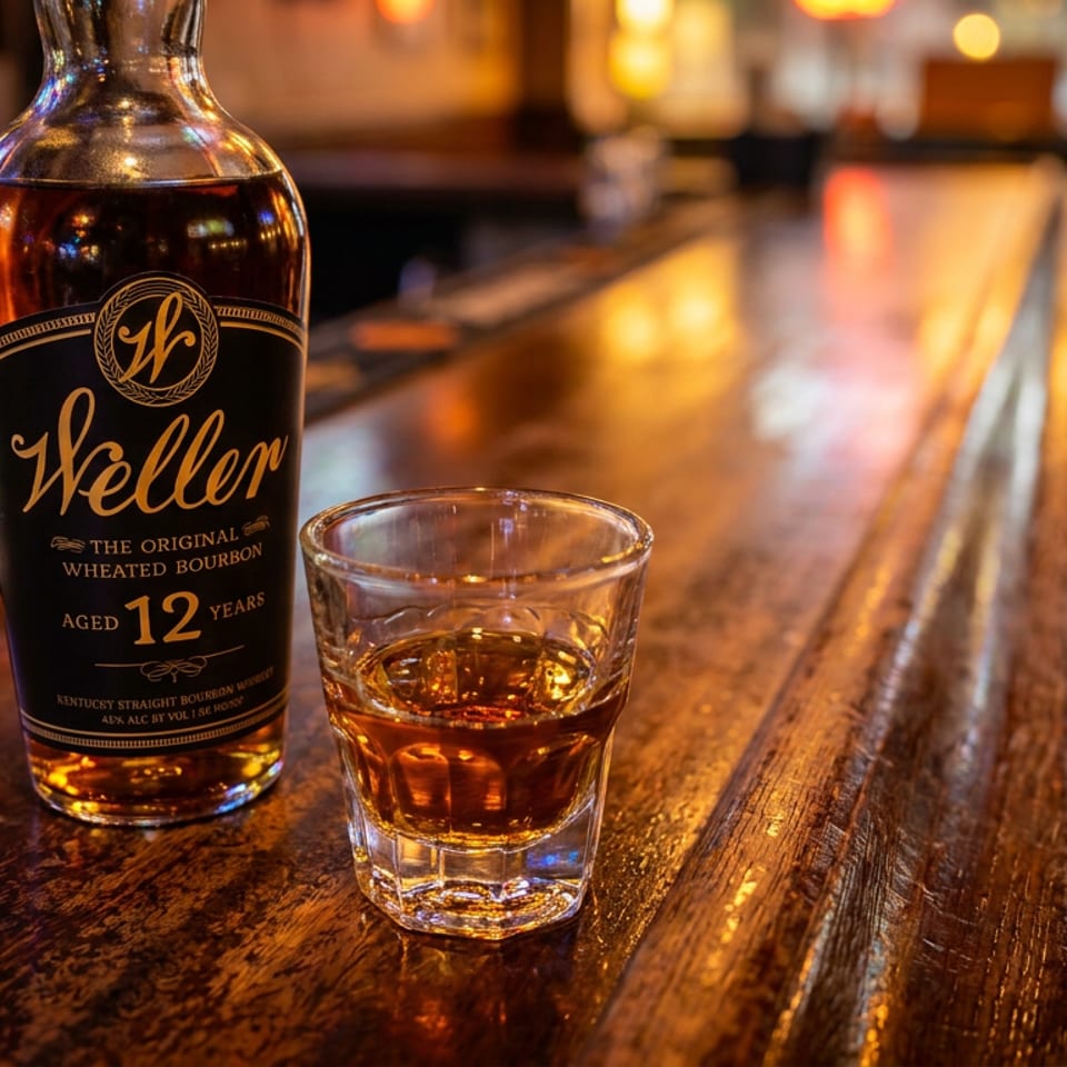 Weller 12-year wheated bourbon bottle and glass of whiskey on a warmly lit wooden bar.